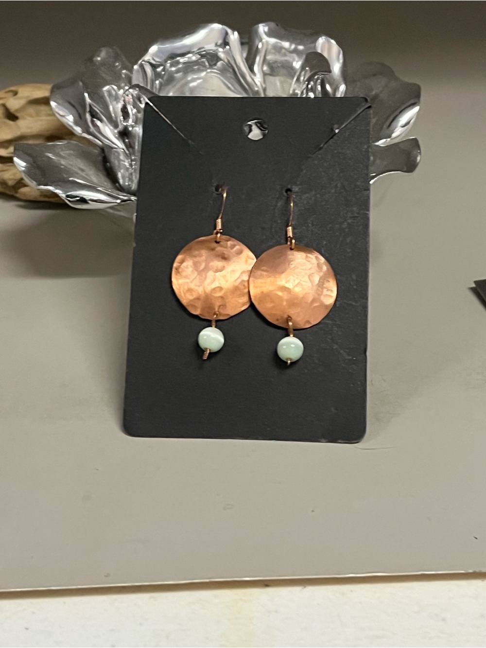 Handmade Hammered Copper Disc Dangle Earrings | Aqua Gemstone Bead | Boho Artist - Picture 2 of 3